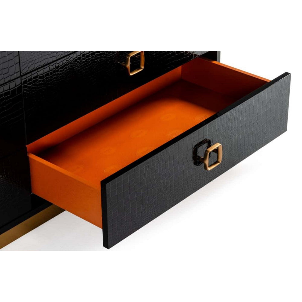 Benjara Hart 32 Inch Nightstand, 2 Drawers, Crocodile Skin Texture, Lacquer, Black