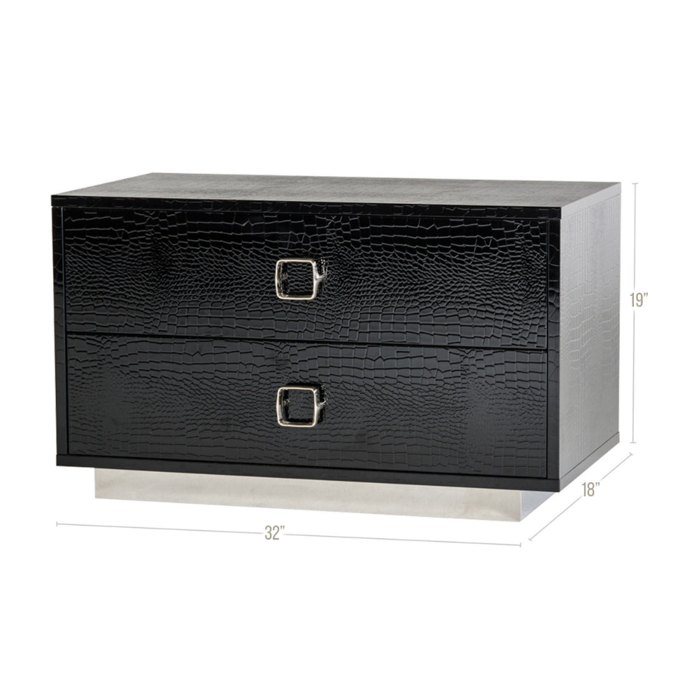 Benjara Hart 32 Inch Nightstand, 2 Drawers, Crocodile Skin Texture, Lacquer, Black