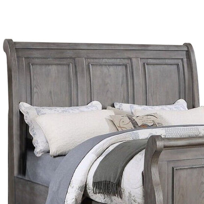 Benjara Demi Queen Size Bed, Sleigh Headboard, Tri Panel Molding, Oak Gray Wood