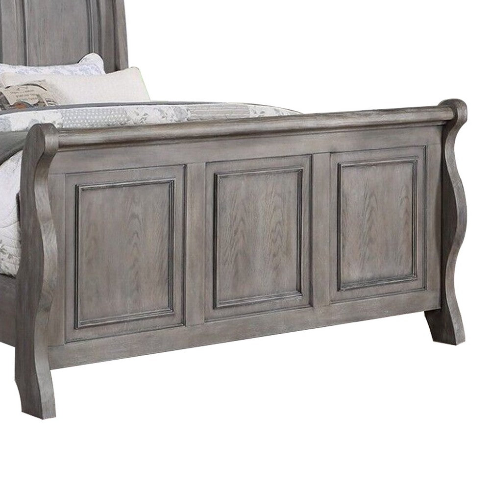 Benjara Demi Queen Size Bed, Sleigh Headboard, Tri Panel Molding, Oak Gray Wood