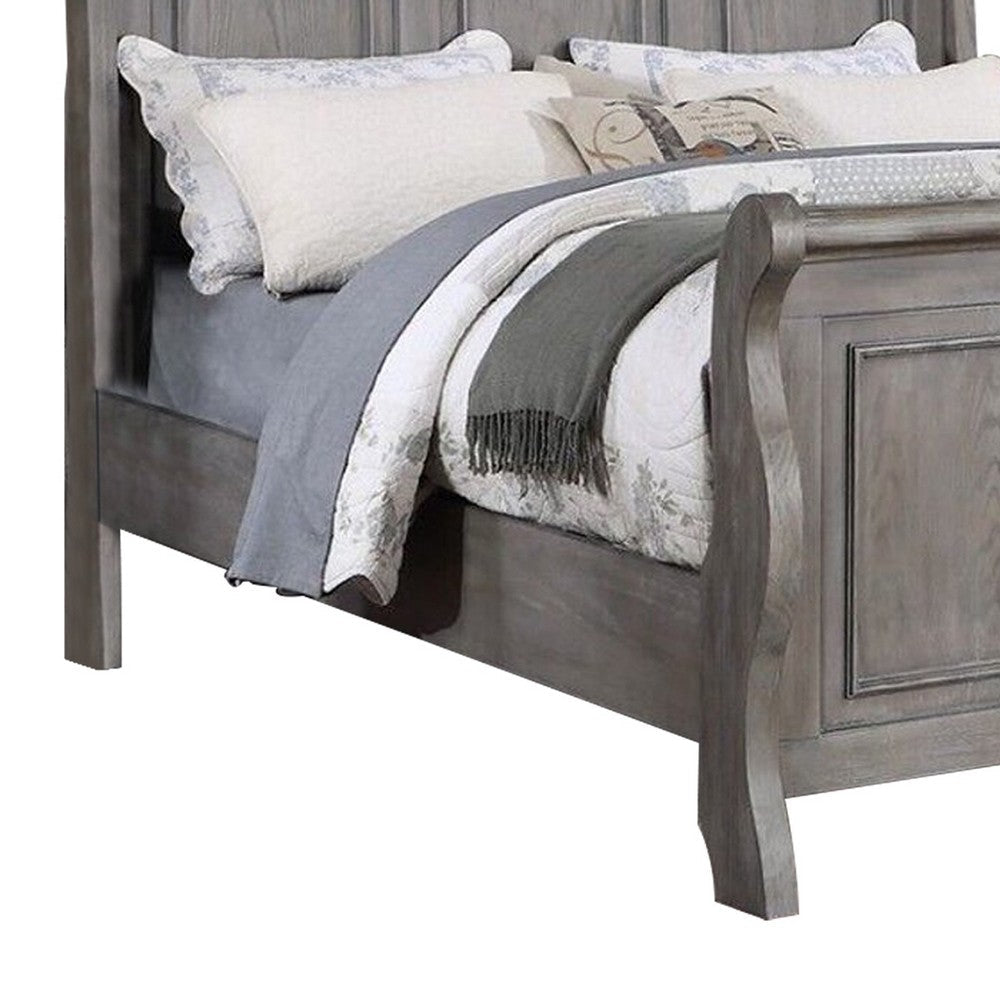 Benjara Demi Queen Size Bed, Sleigh Headboard, Tri Panel Molding, Oak Gray Wood