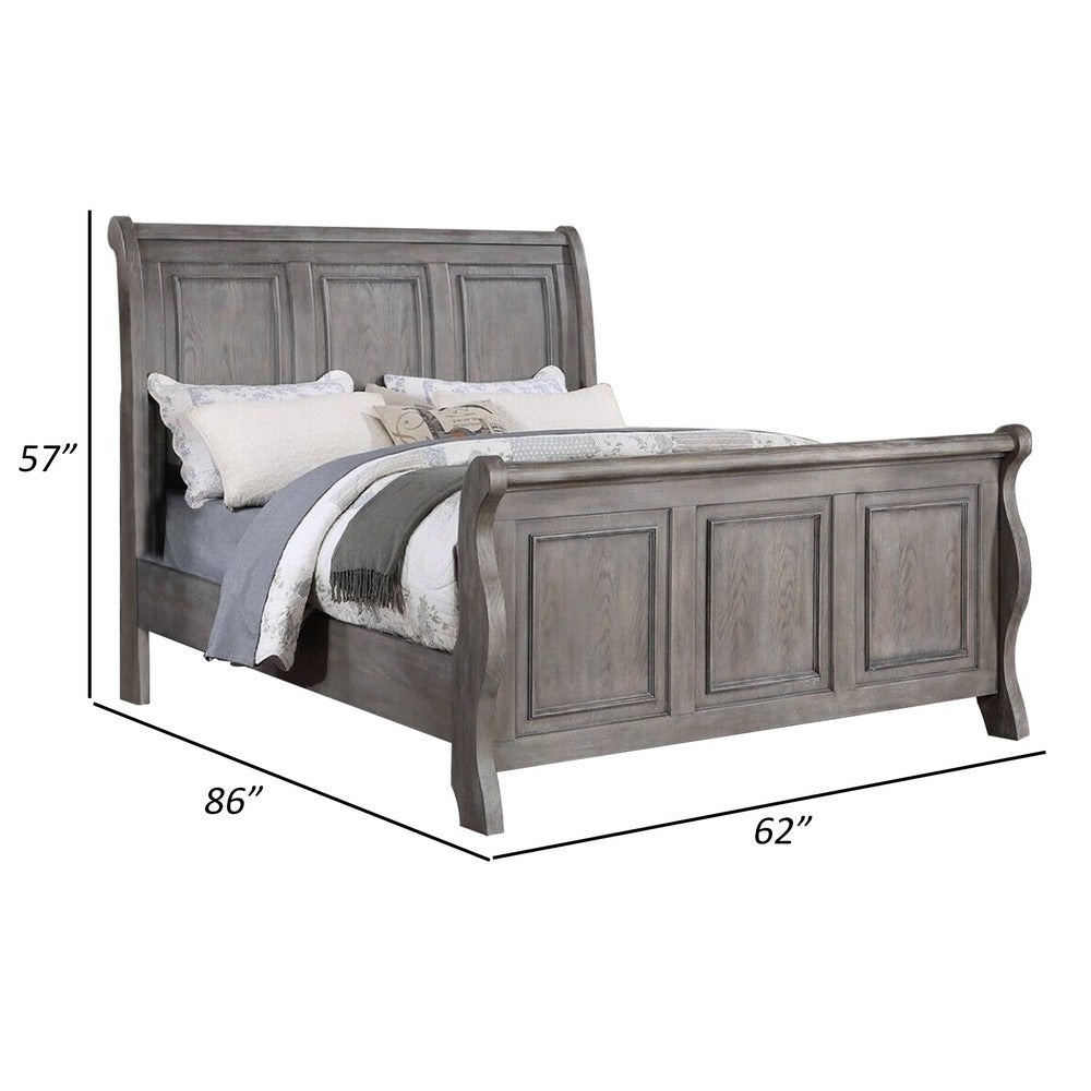 Benjara Demi Queen Size Bed, Sleigh Headboard, Tri Panel Molding, Oak Gray Wood