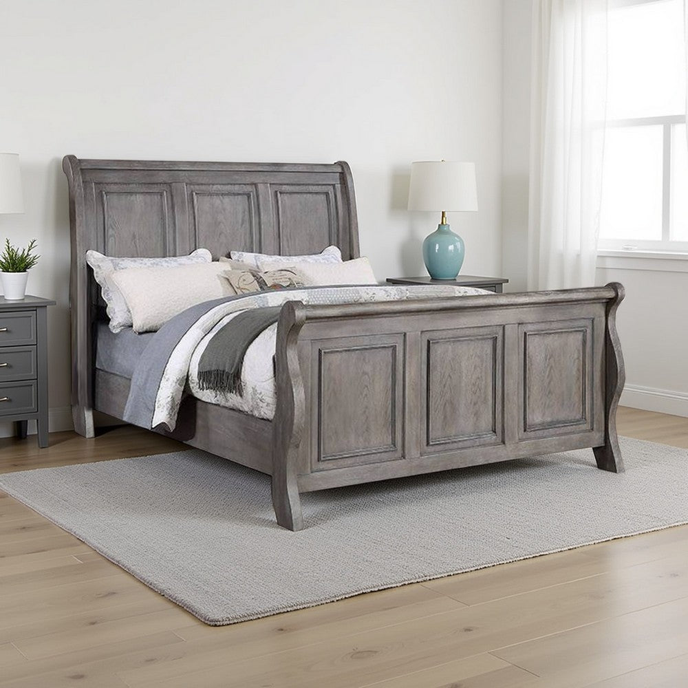Benjara Demi Queen Size Bed, Sleigh Headboard, Tri Panel Molding, Oak Gray Wood