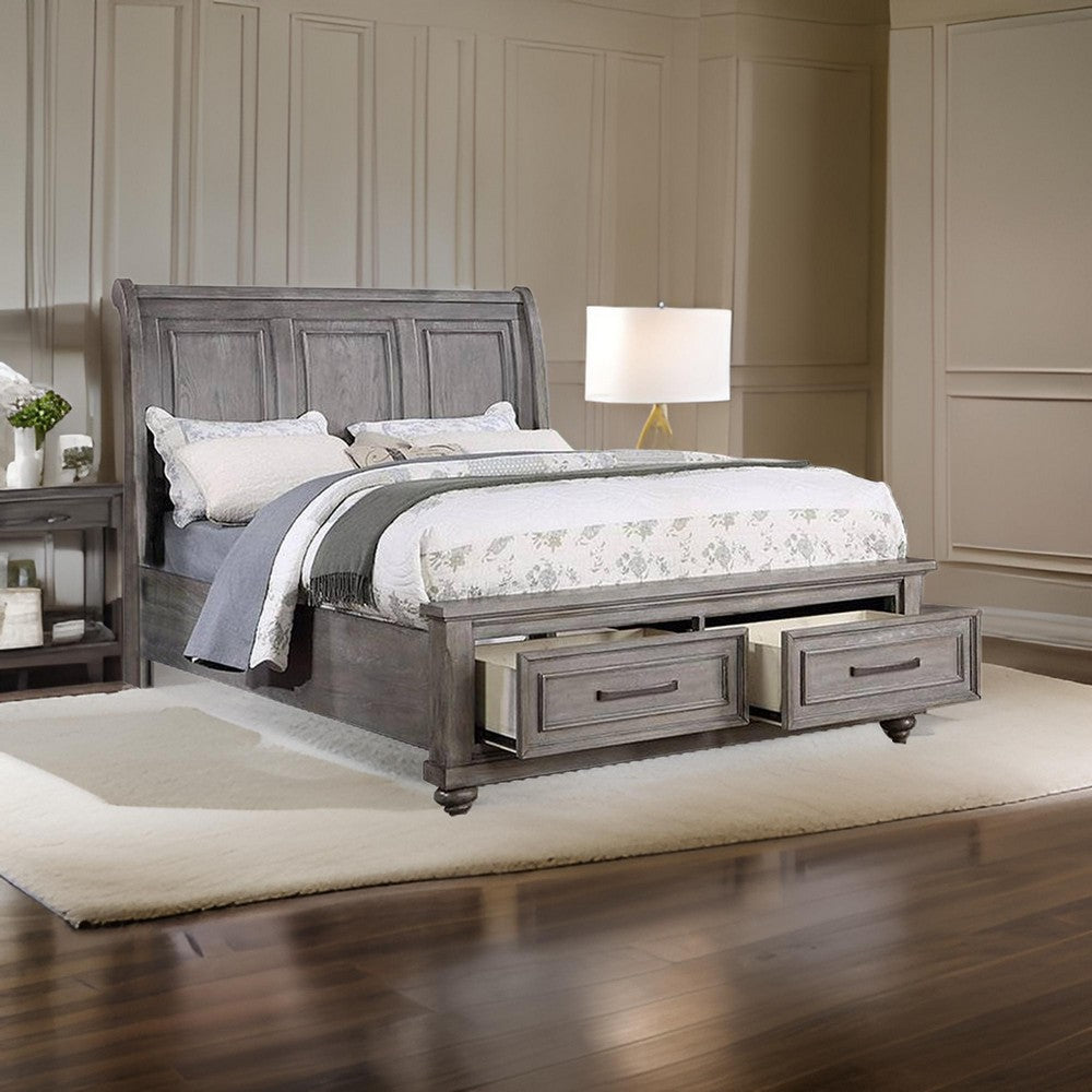 Benjara Demi California King Bed, Sleigh Headboard, Storage Drawers, Oak Gray Wood