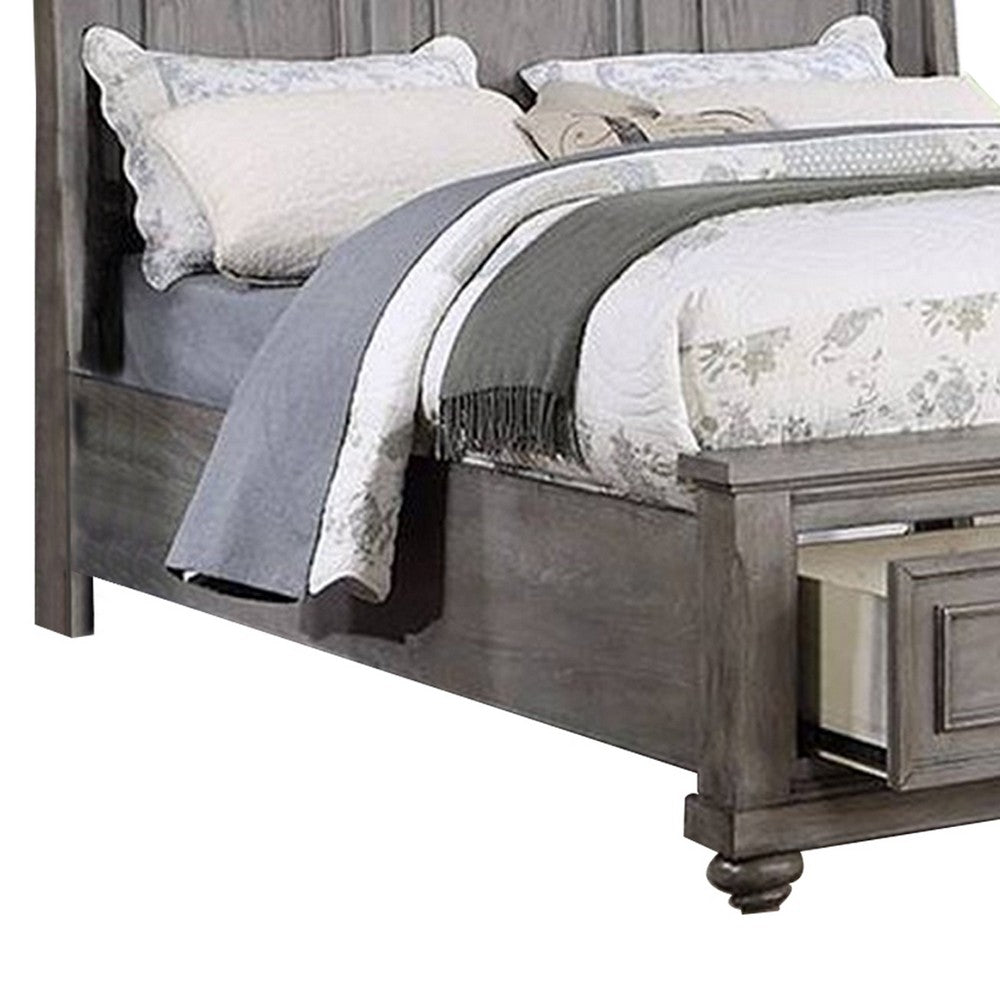 Benjara Demi King Size Bed, Sleigh Headboard, 2 Storage Drawers, Oak Gray Wood