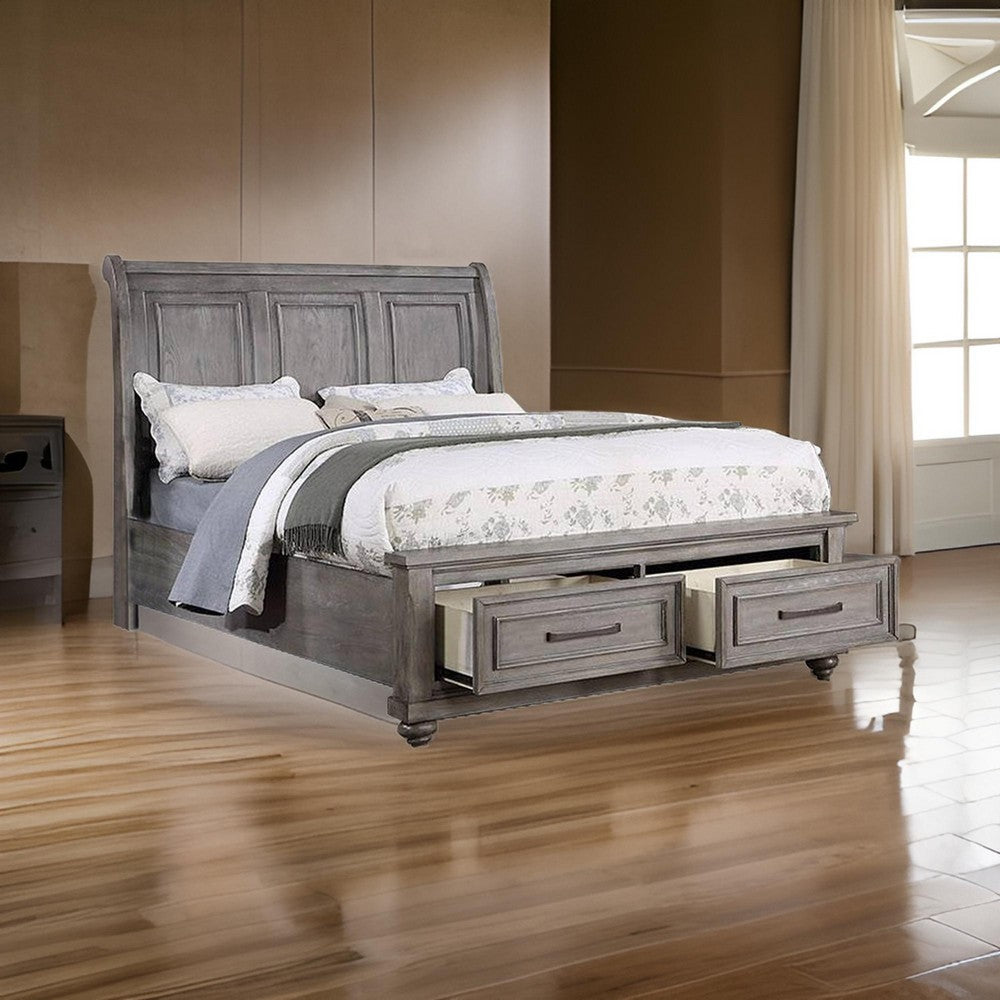 Benjara Demi King Size Bed, Sleigh Headboard, 2 Storage Drawers, Oak Gray Wood