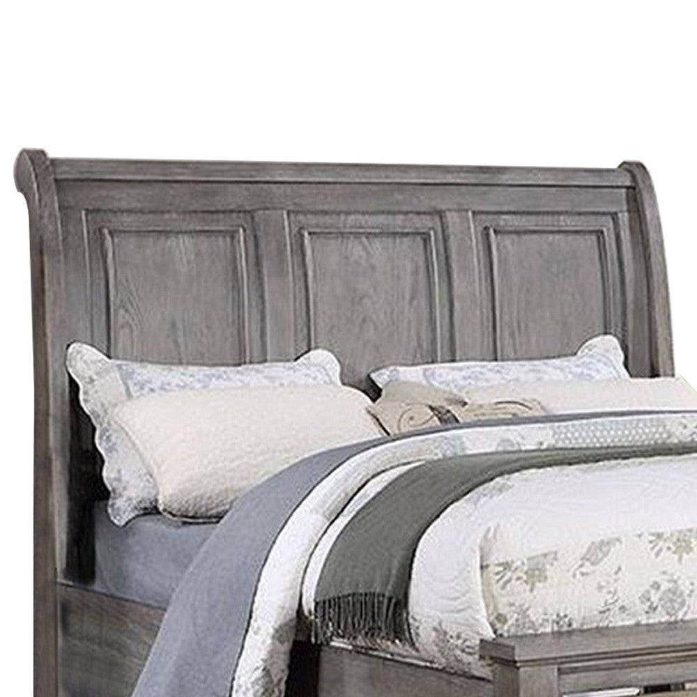 Benjara Demi Queen Size Bed, Sleigh Headboard, 2 Storage Drawers, Oak Gray Wood