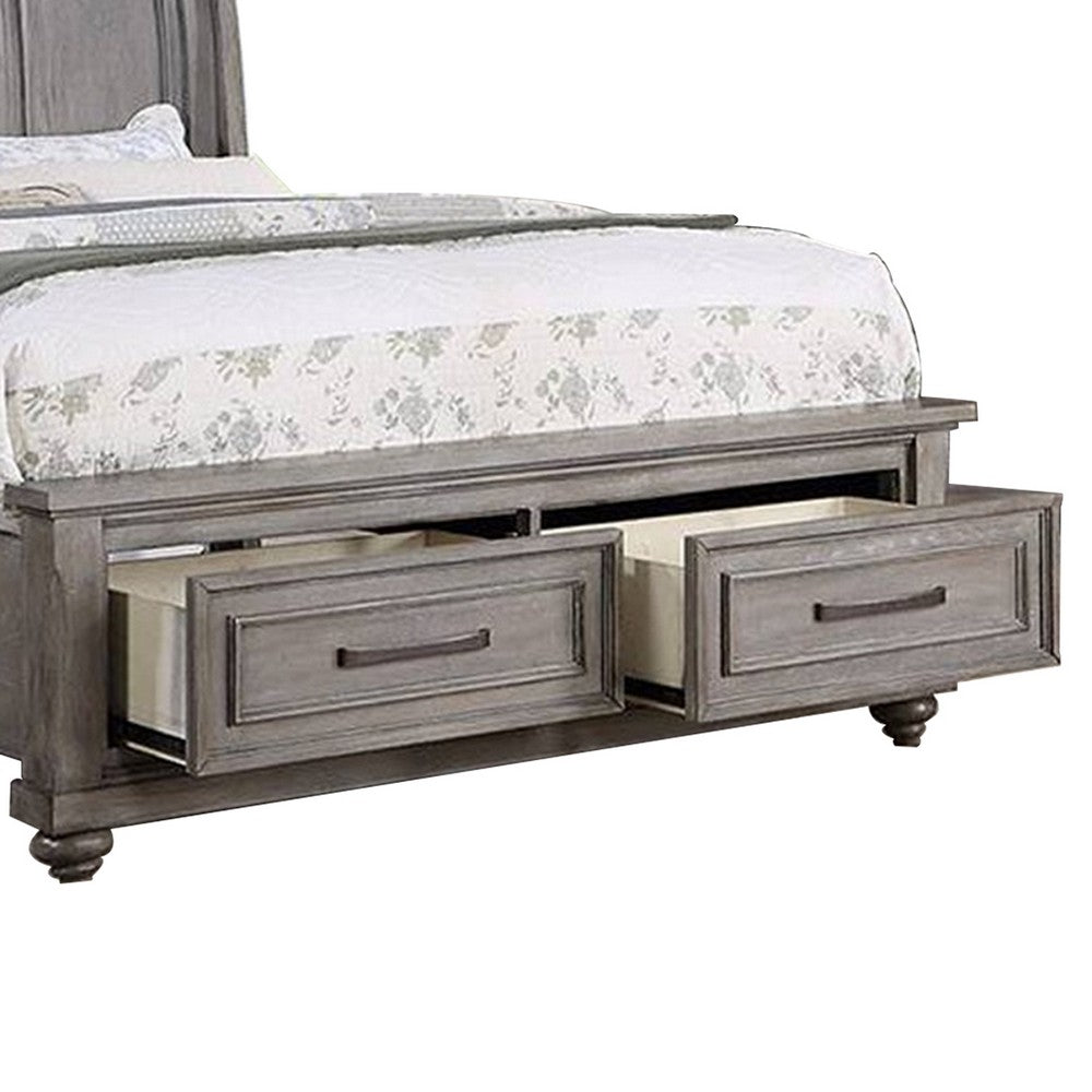 Benjara Demi Queen Size Bed, Sleigh Headboard, 2 Storage Drawers, Oak Gray Wood