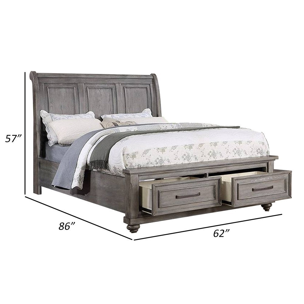 Benjara Demi Queen Size Bed, Sleigh Headboard, 2 Storage Drawers, Oak Gray Wood