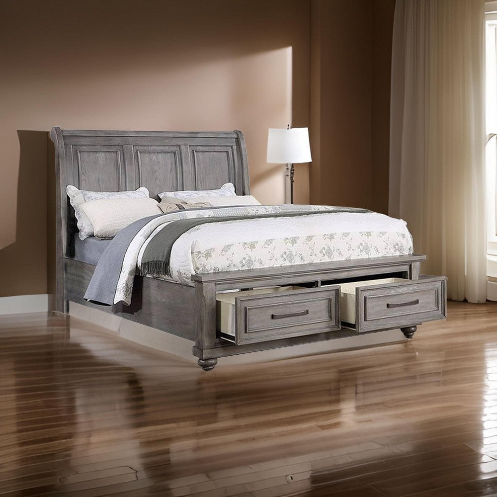 Benjara Demi Queen Size Bed, Sleigh Headboard, 2 Storage Drawers, Oak Gray Wood