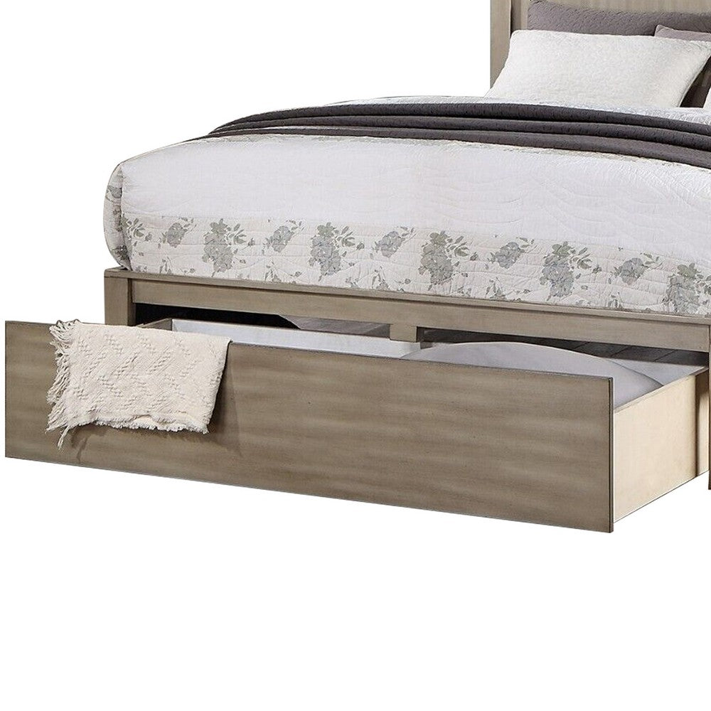 Benjara Kali Platform California King Bed, Panel Design, Storage Drawer, Light Tan