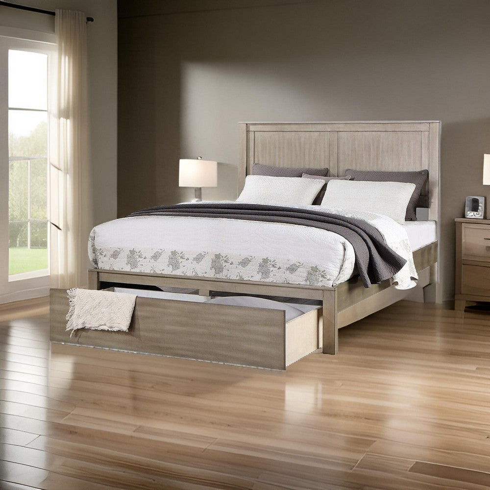 Benjara Kali Platform California King Bed, Panel Design, Storage Drawer, Light Tan