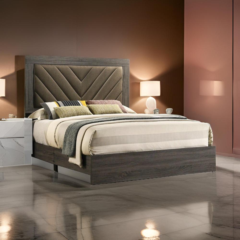 Benjara Cato Upholstered California King Bed, Tufted Brown Headboard, Dark Gray