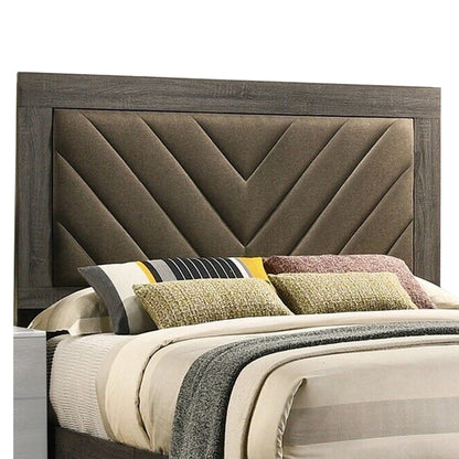Benjara Cato Upholstered King Size Bed, Chevron Tufted Brown Headboard, Dark Gray