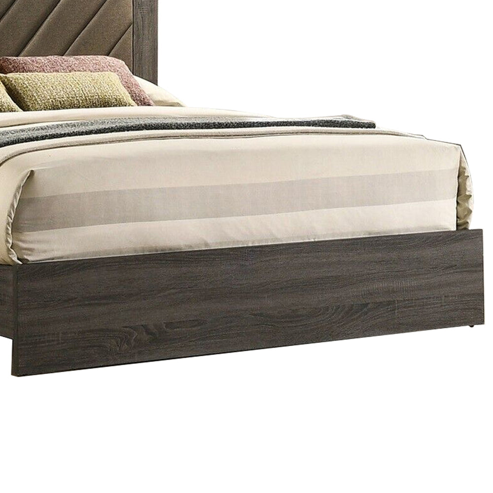 Benjara Cato Upholstered King Size Bed, Chevron Tufted Brown Headboard, Dark Gray