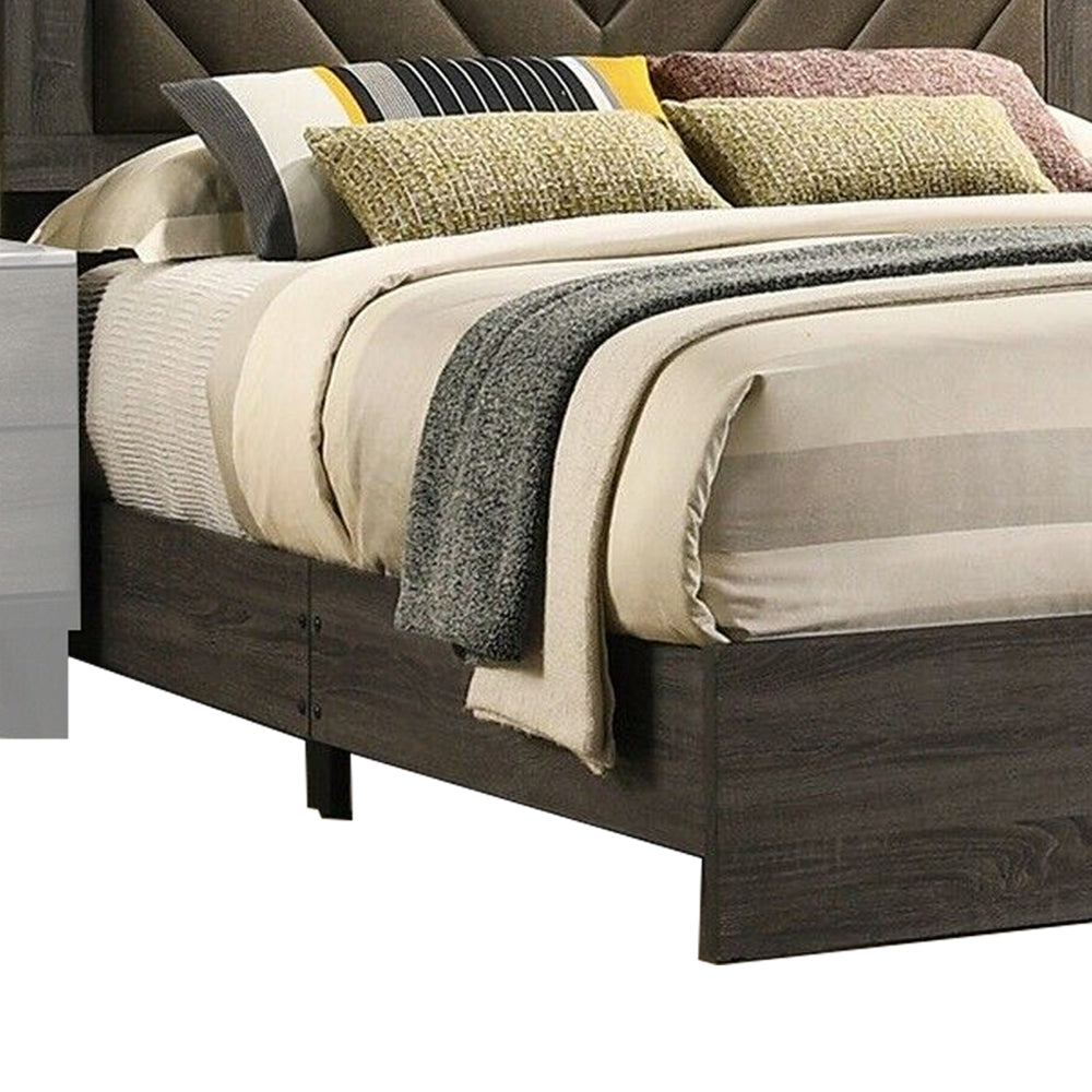 Benjara Cato Upholstered King Size Bed, Chevron Tufted Brown Headboard, Dark Gray