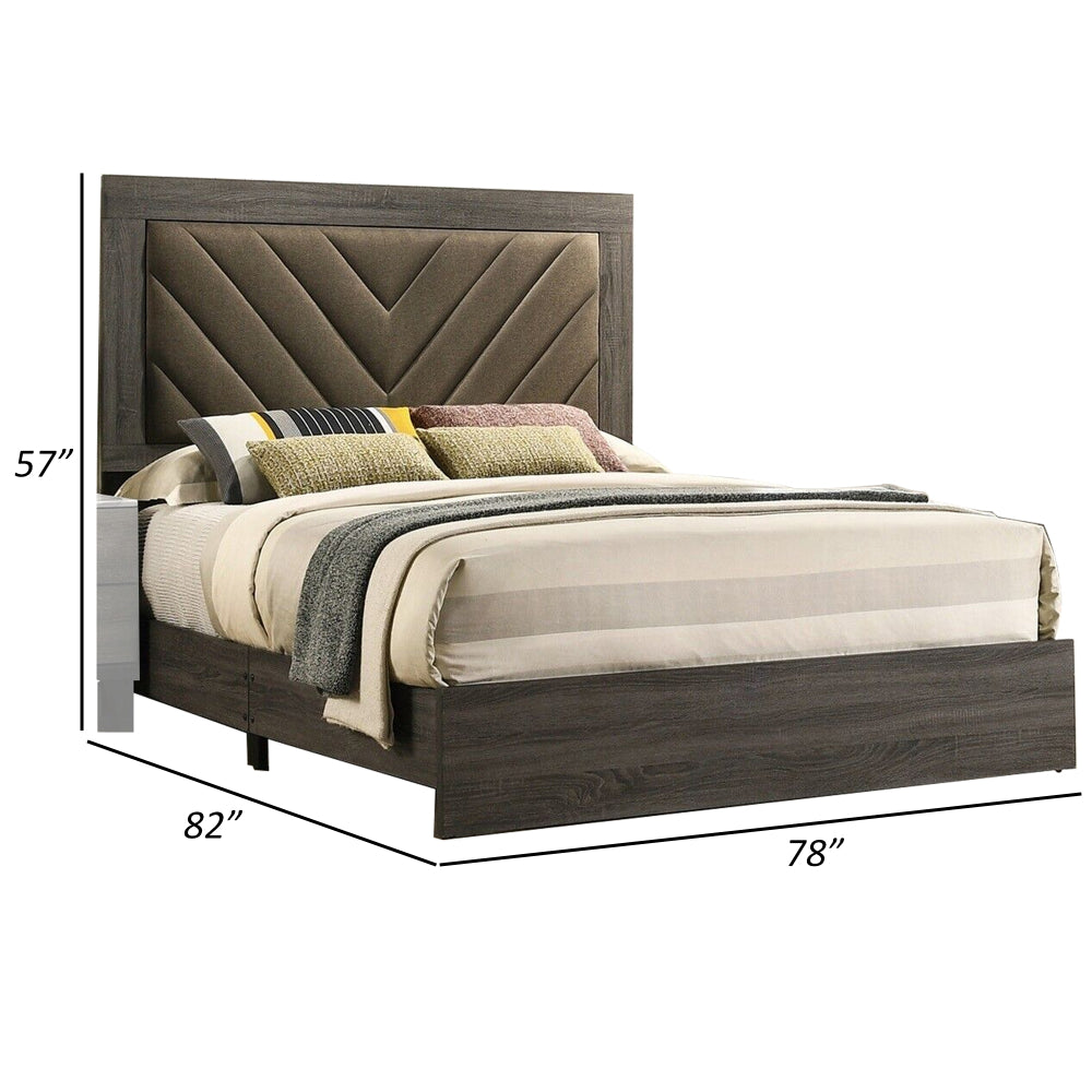 Benjara Cato Upholstered King Size Bed, Chevron Tufted Brown Headboard, Dark Gray