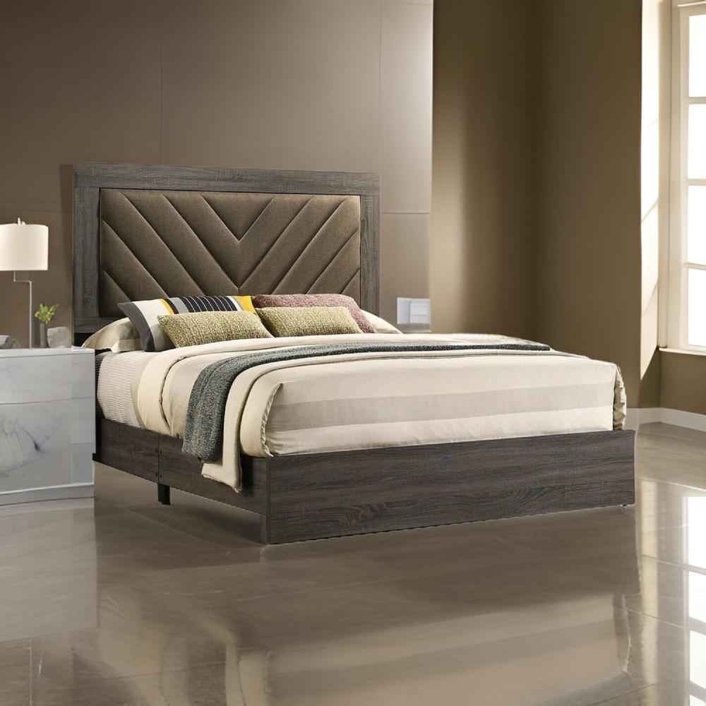 Benjara Cato Upholstered Queen Size Bed, Chevron Tufted Brown Headboard, Dark Gray