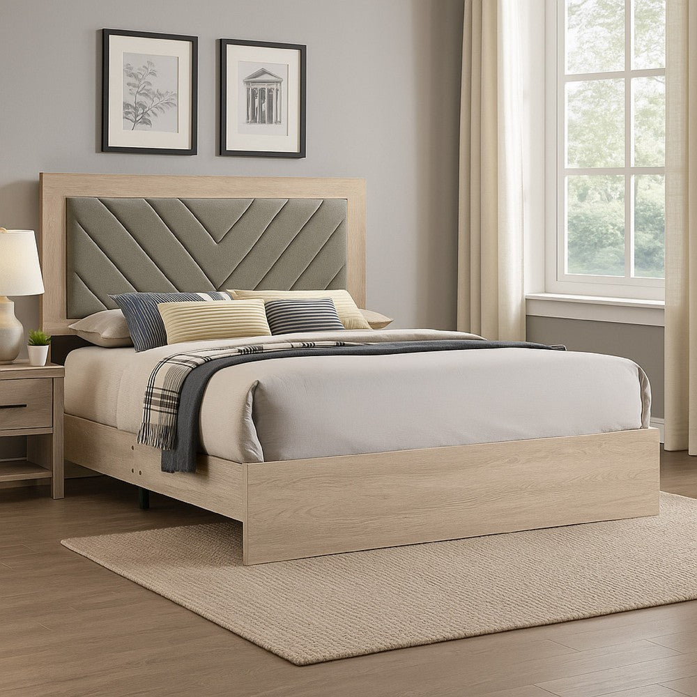 Benjara Cato Upholstered King Size Bed, Chevron Tufted Gray Headboard, Cream Finish