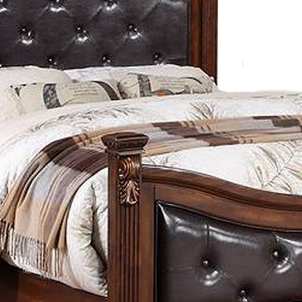Benjara Jax Traditional Queen Size Bed, Tufted Upholstered Headboard, Cherry Brown