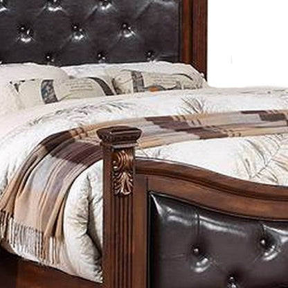 Benjara Jax Traditional Queen Size Bed, Tufted Upholstered Headboard, Cherry Brown