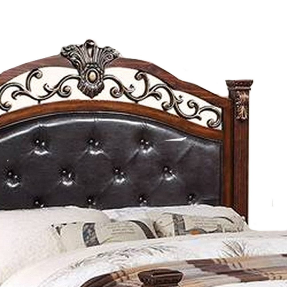 Benjara Jax Traditional Queen Size Bed, Tufted Upholstered Headboard, Cherry Brown