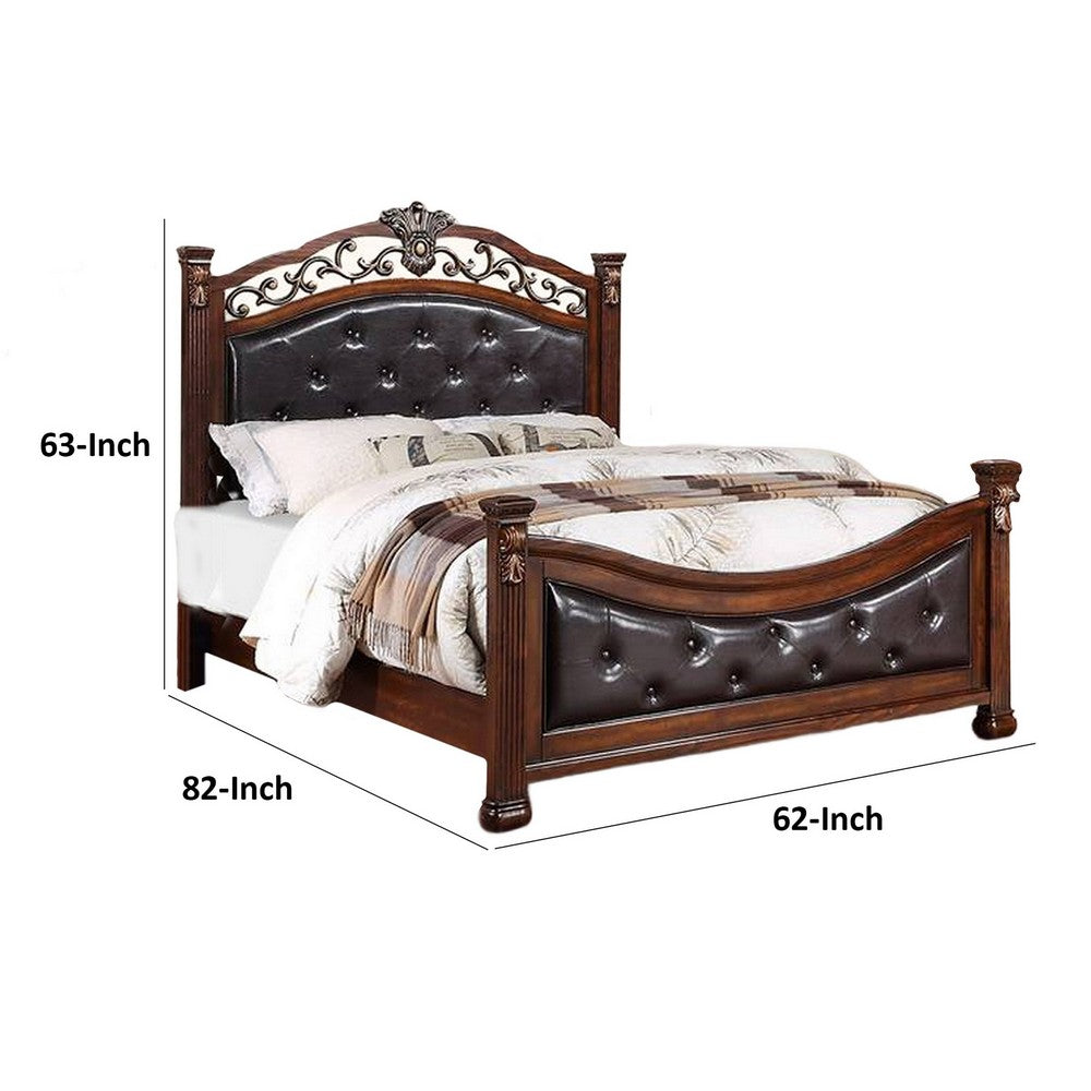 Benjara Jax Traditional Queen Size Bed, Tufted Upholstered Headboard, Cherry Brown