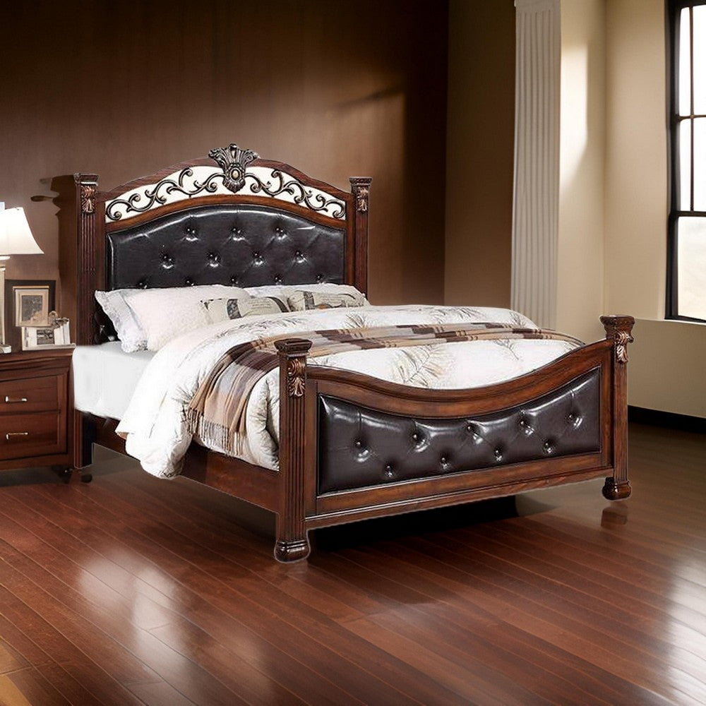 Benjara Jax Traditional Queen Size Bed, Tufted Upholstered Headboard, Cherry Brown