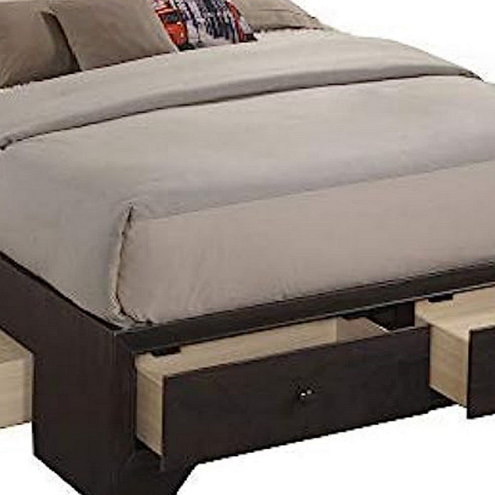 Benjara Queen Size Bed with 4 Storage Drawers, Bookcase Headboard, Walnut Brown