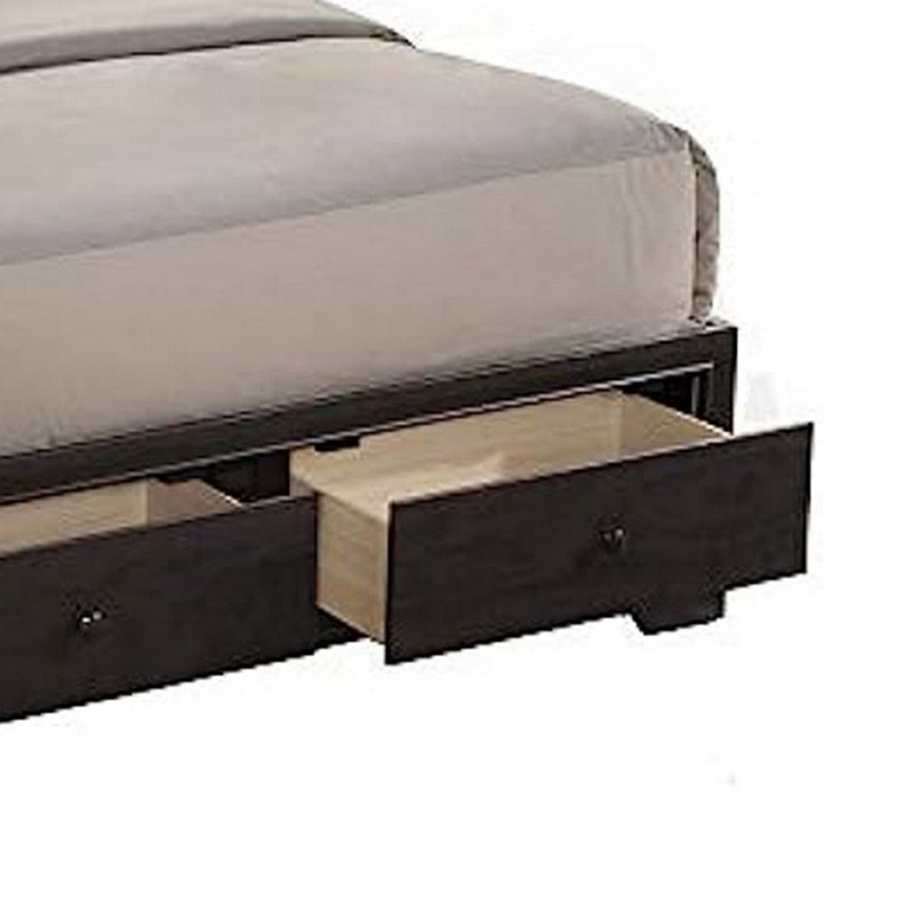 Benjara Queen Size Bed with 4 Storage Drawers, Bookcase Headboard, Walnut Brown