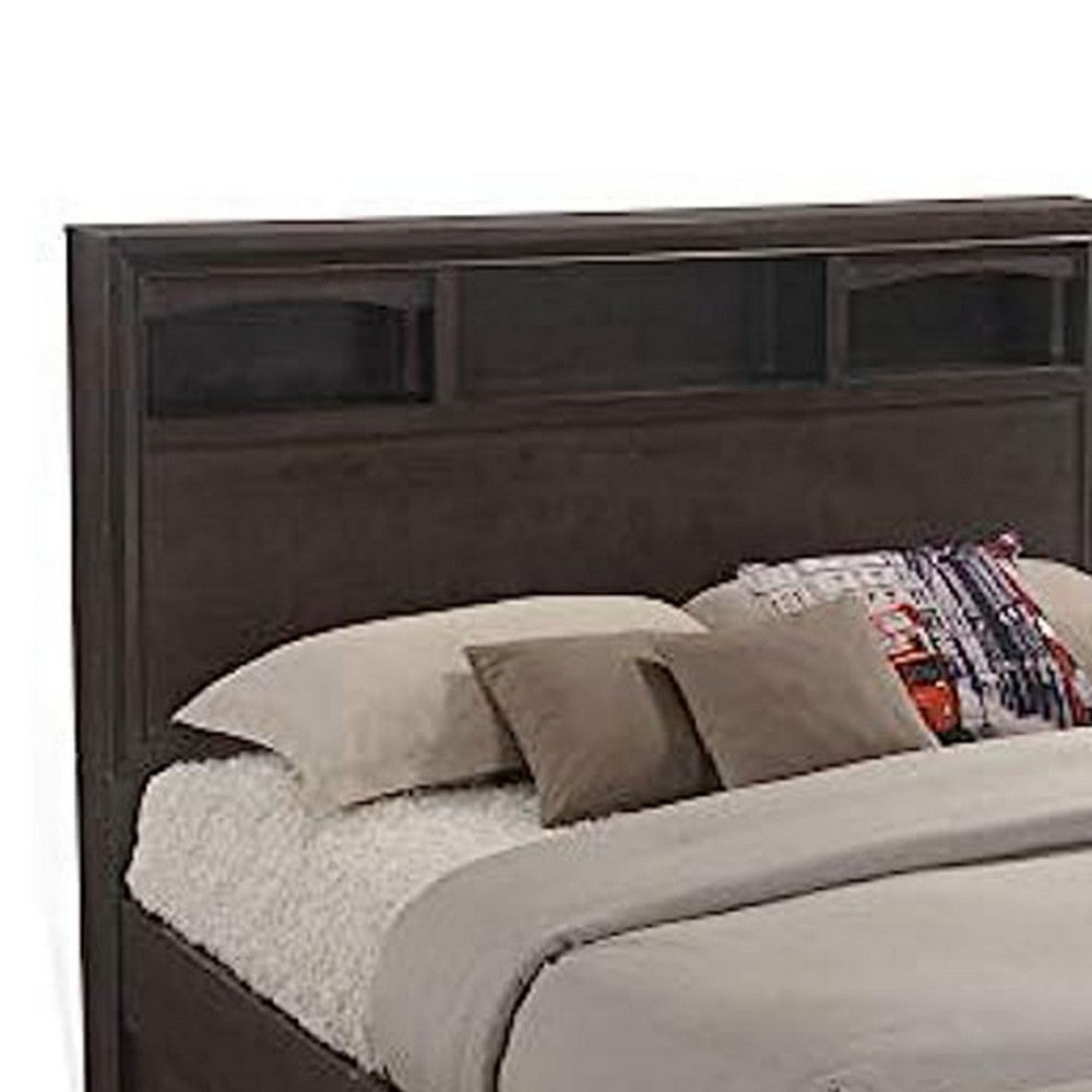 Benjara Queen Size Bed with 4 Storage Drawers, Bookcase Headboard, Walnut Brown