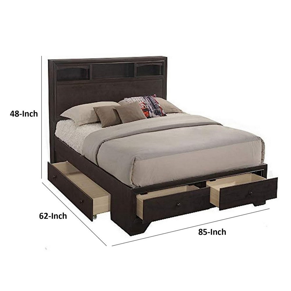 Benjara Queen Size Bed with 4 Storage Drawers, Bookcase Headboard, Walnut Brown