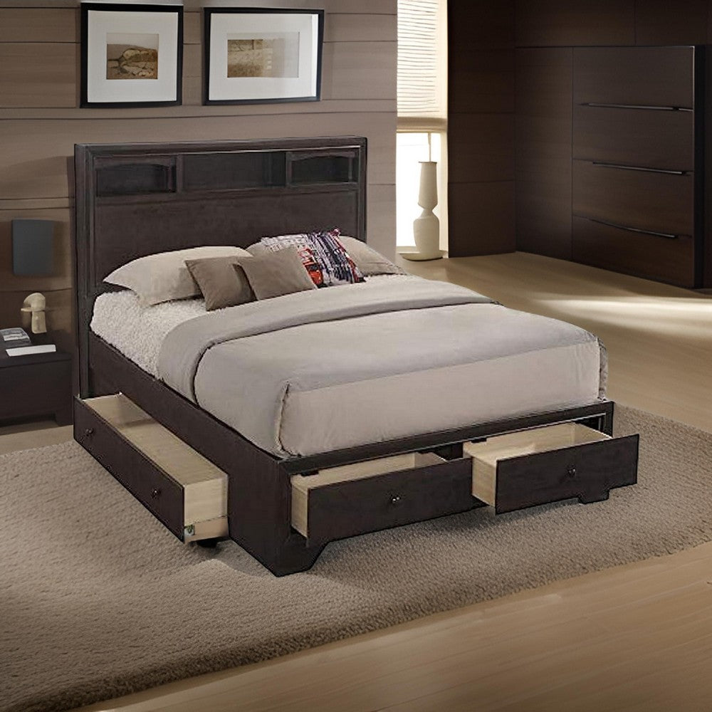 Benjara Queen Size Bed with 4 Storage Drawers, Bookcase Headboard, Walnut Brown