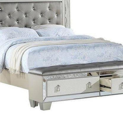 Benjara Reva Queen Bed, Storage Footboard, Silver Faux Leather Tufted Upholstery