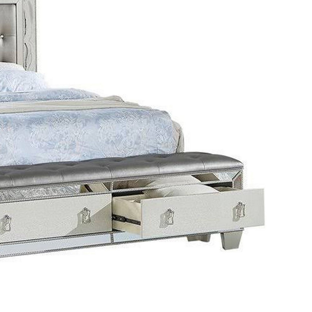 Benjara Reva Queen Bed, Storage Footboard, Silver Faux Leather Tufted Upholstery