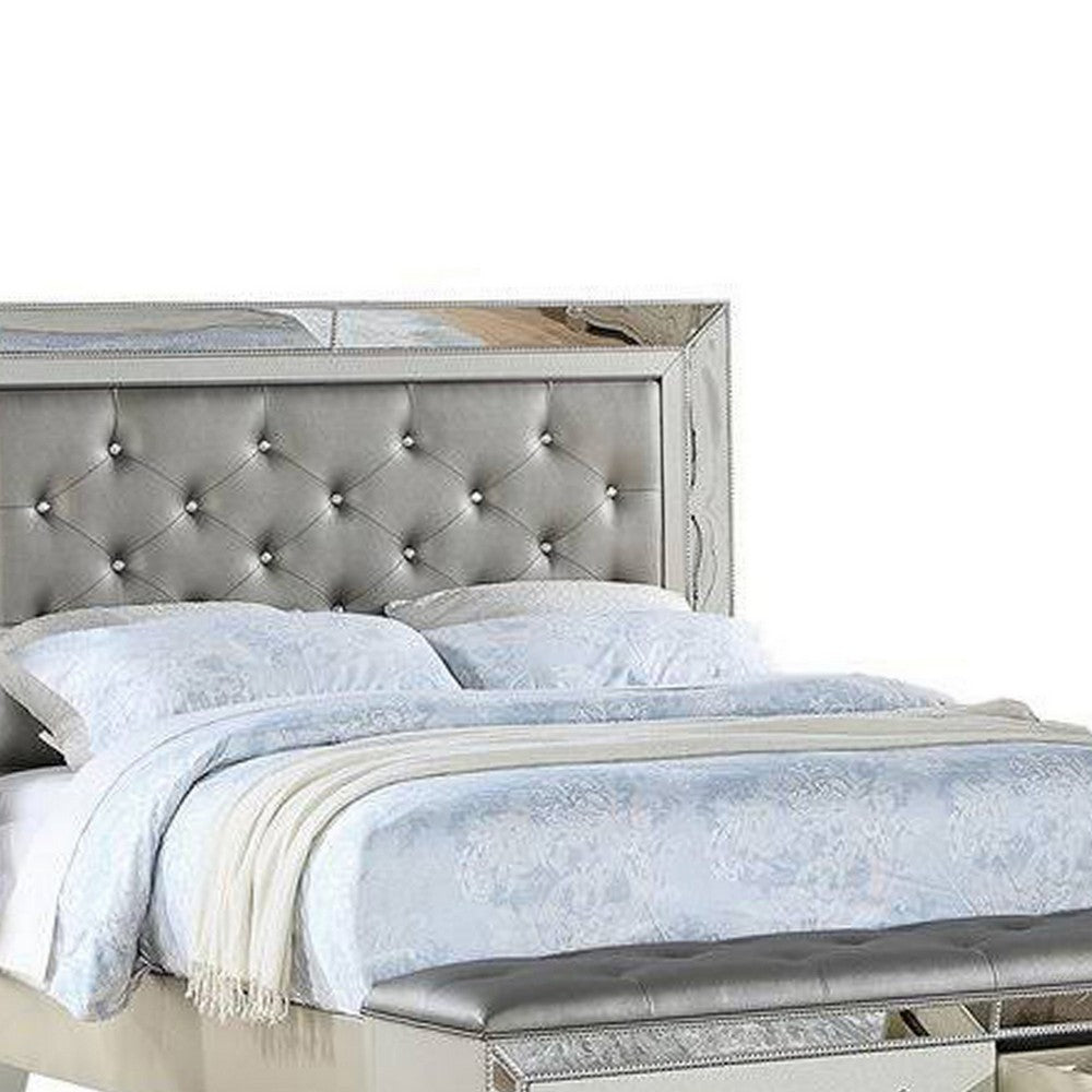 Benjara Reva Queen Bed, Storage Footboard, Silver Faux Leather Tufted Upholstery