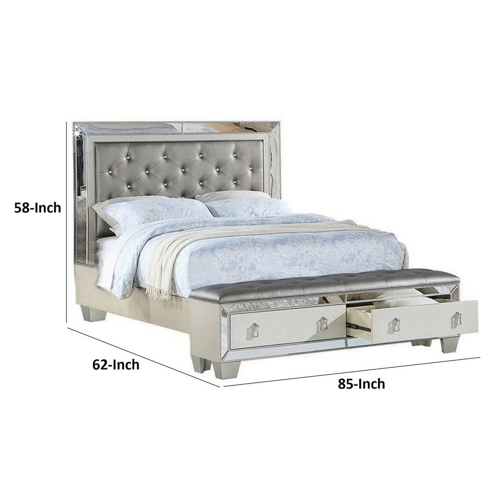 Benjara Reva Queen Bed, Storage Footboard, Silver Faux Leather Tufted Upholstery
