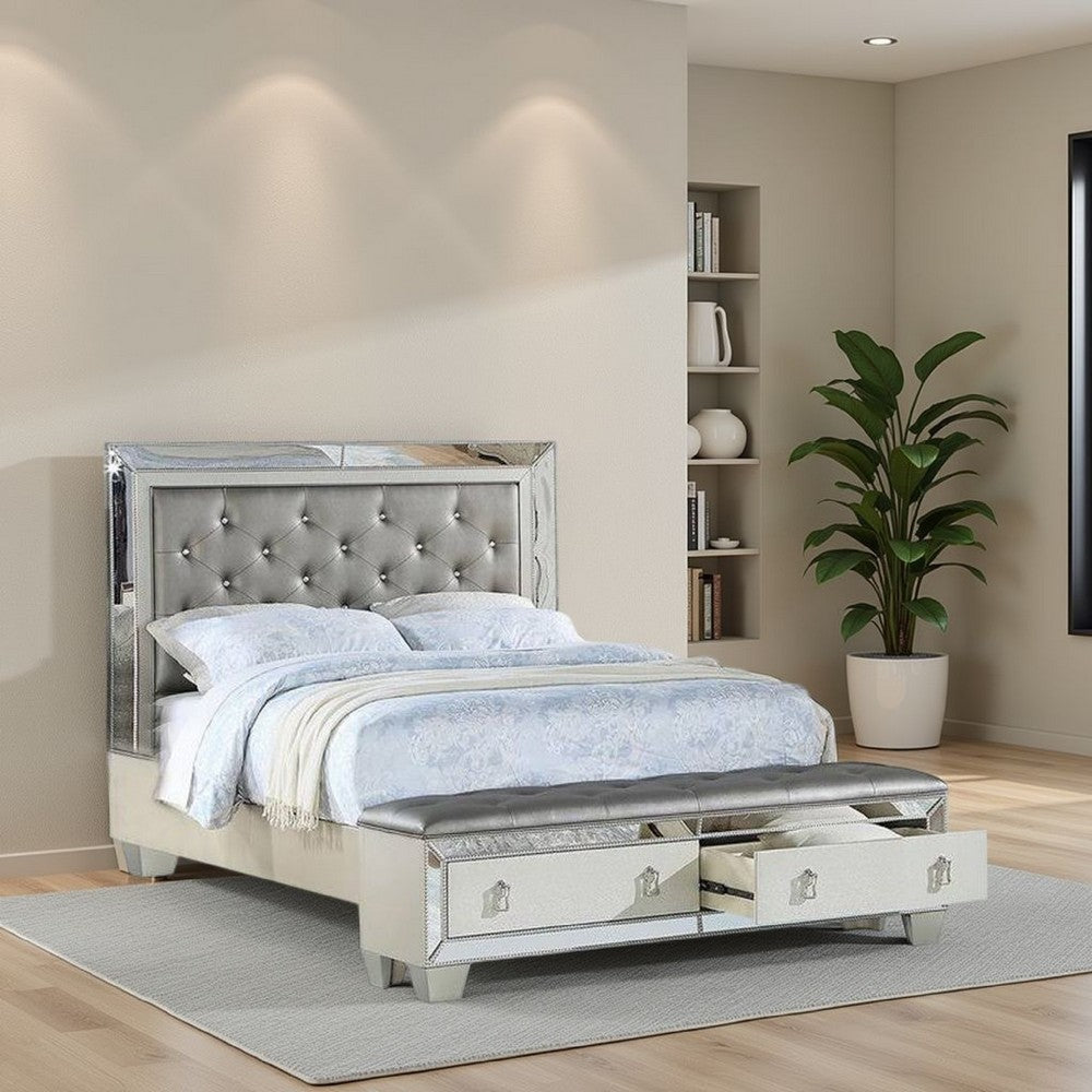 Benjara Reva Queen Bed, Storage Footboard, Silver Faux Leather Tufted Upholstery