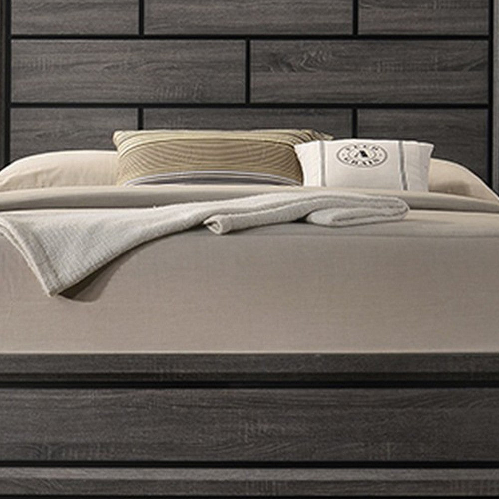 Benjara Mazie Queen Bed, Brick Style Headboard, Black Tapered Legs, Oak Gray Wood