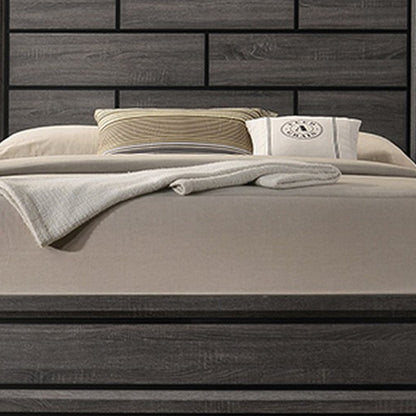 Benjara Mazie Queen Bed, Brick Style Headboard, Black Tapered Legs, Oak Gray Wood