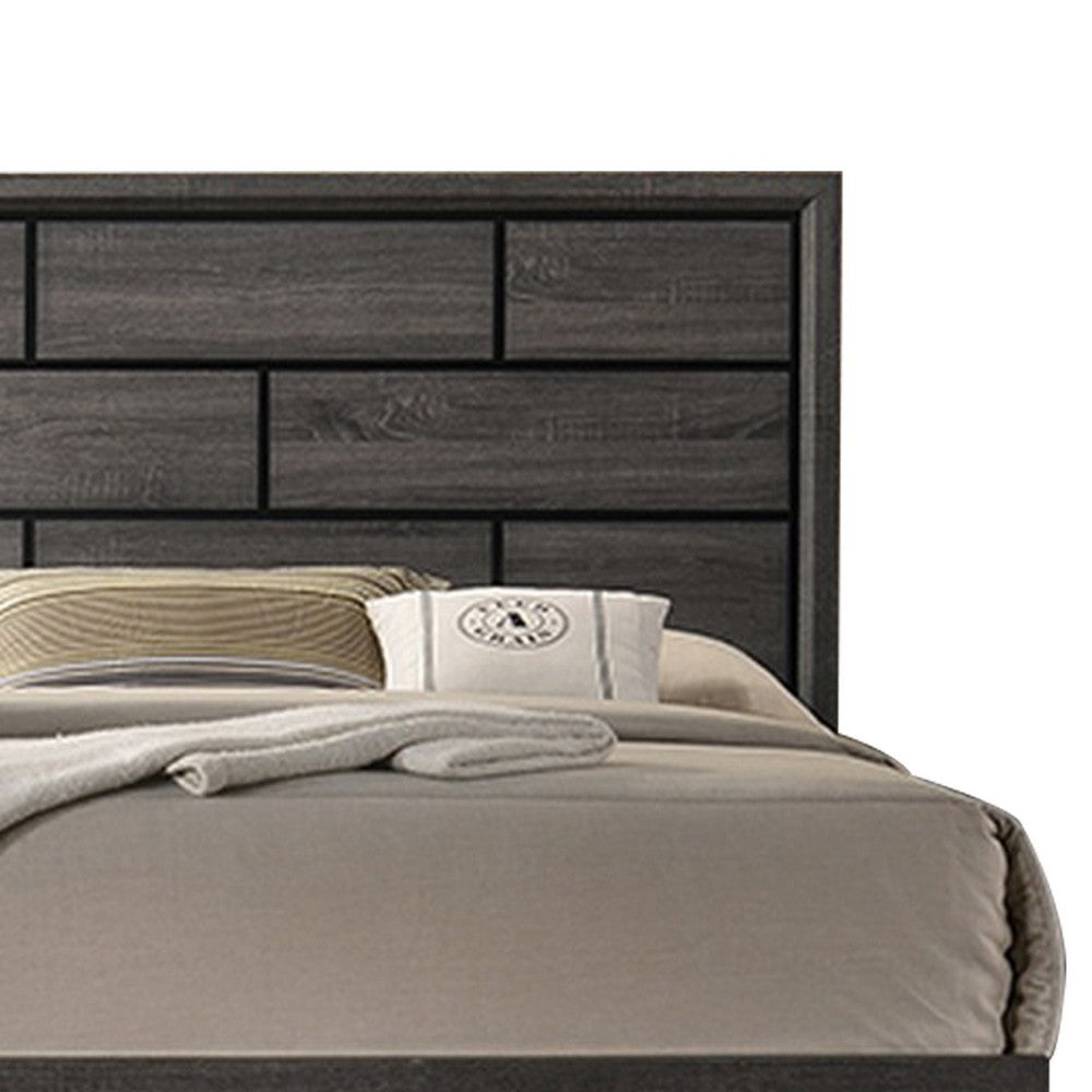 Benjara Mazie Queen Bed, Brick Style Headboard, Black Tapered Legs, Oak Gray Wood