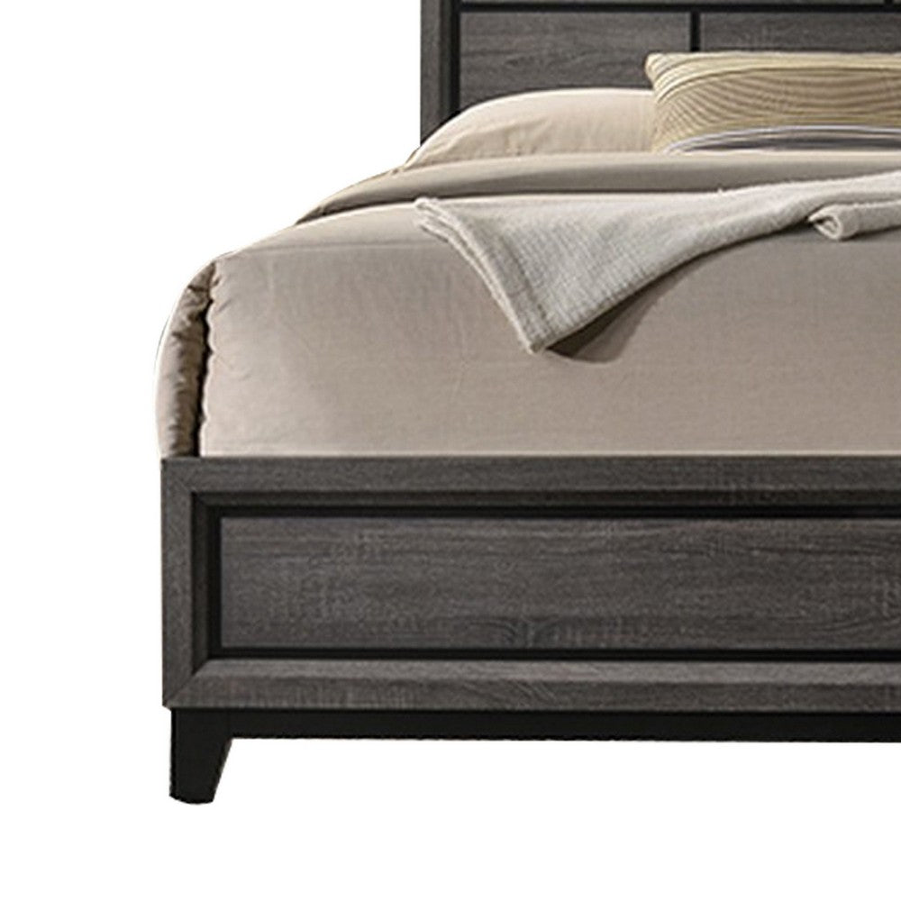 Benjara Mazie Queen Bed, Brick Style Headboard, Black Tapered Legs, Oak Gray Wood