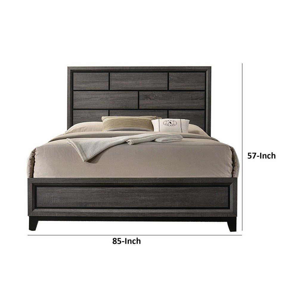Benjara Mazie Queen Bed, Brick Style Headboard, Black Tapered Legs, Oak Gray Wood