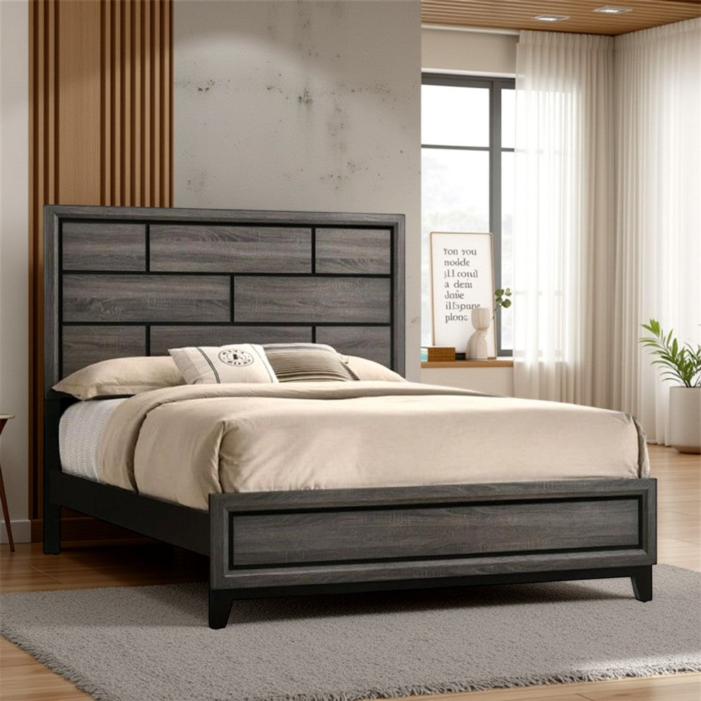 Benjara Mazie Queen Bed, Brick Style Headboard, Black Tapered Legs, Oak Gray Wood