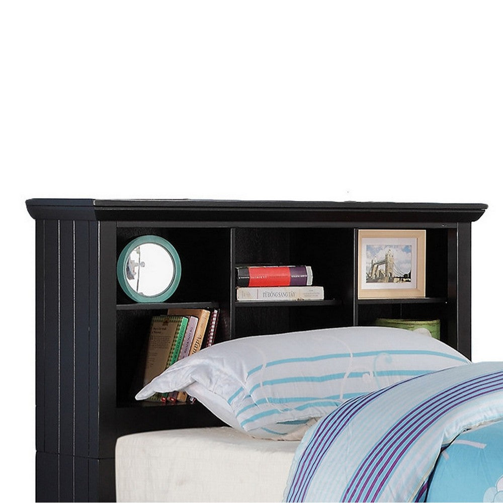 Benjara Toni Twin Size Trundle Bed with 6 Drawers, Bookcase Headboard, Black Wood