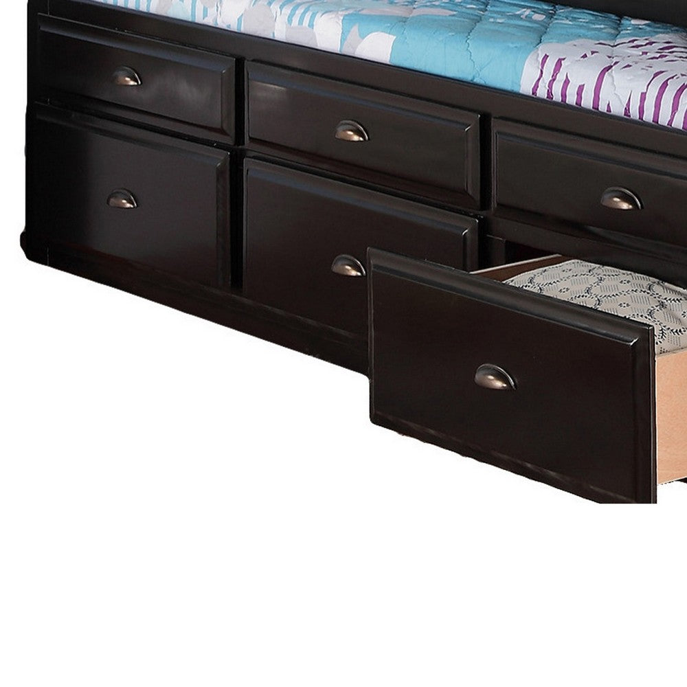 Benjara Toni Twin Size Trundle Bed with 6 Drawers, Bookcase Headboard, Black Wood
