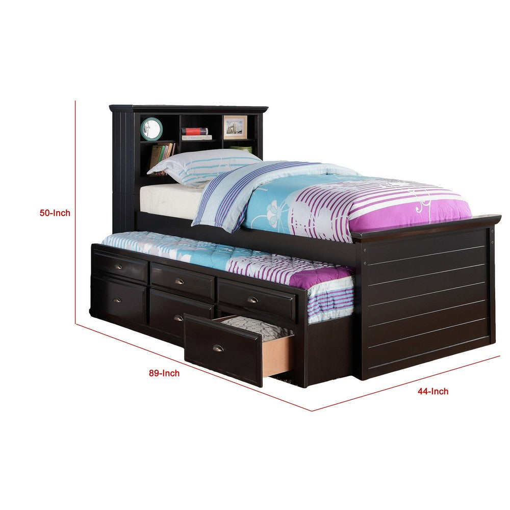 Benjara Toni Twin Size Trundle Bed with 6 Drawers, Bookcase Headboard, Black Wood