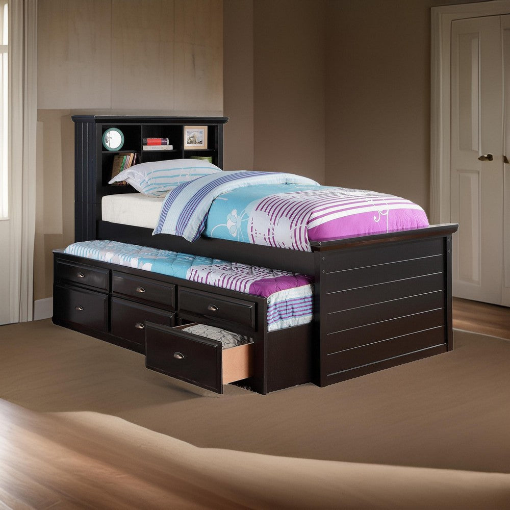 Benjara Toni Twin Size Trundle Bed with 6 Drawers, Bookcase Headboard, Black Wood