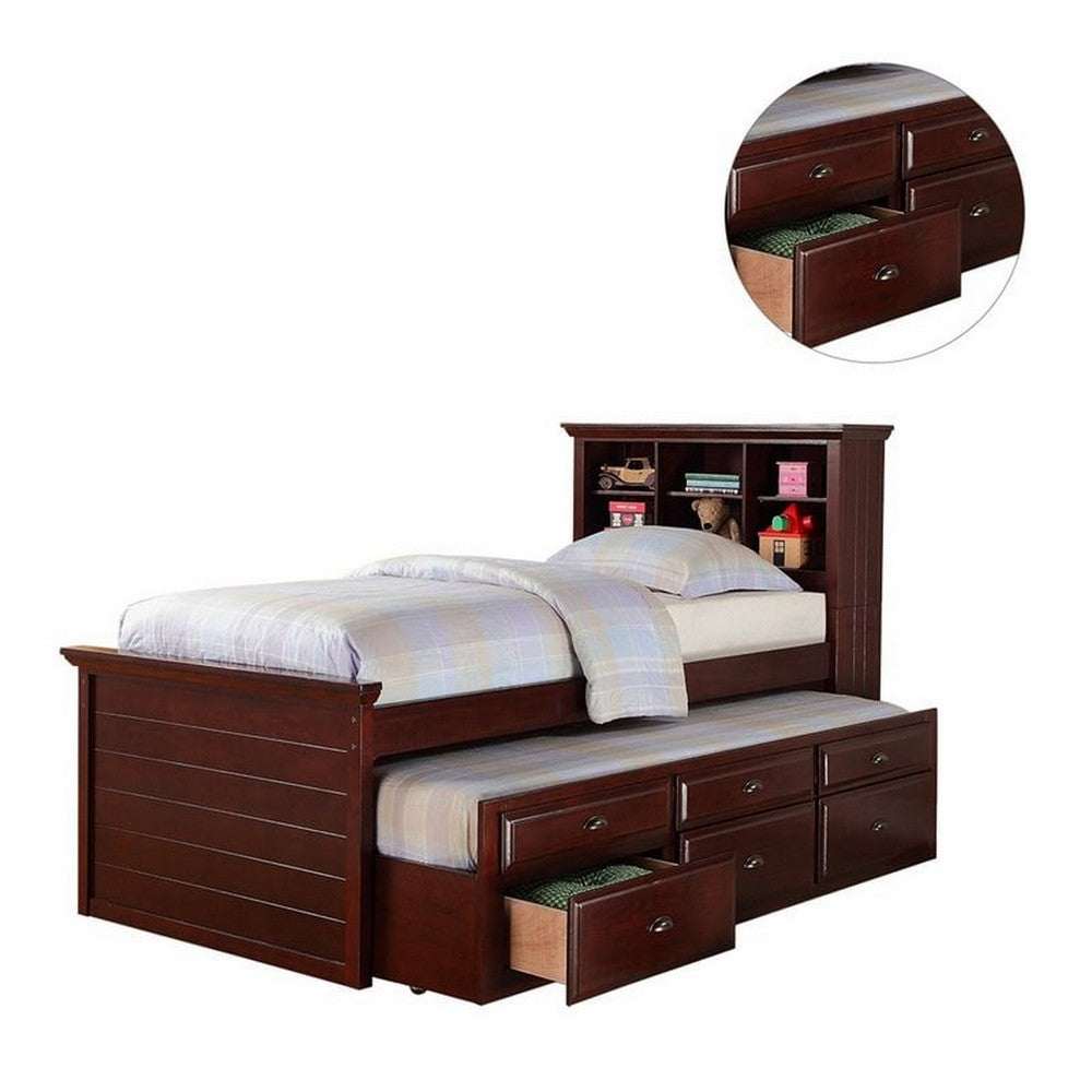 Benjara Toni Twin Size Trundle Bed with 6 Drawers, Bookcase Headboard, Brown Wood