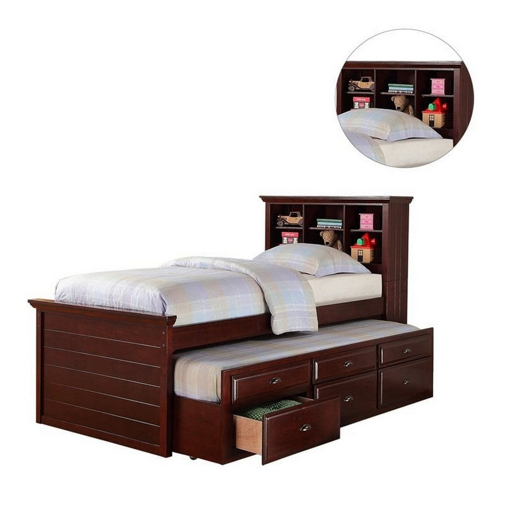 Benjara Toni Twin Size Trundle Bed with 6 Drawers, Bookcase Headboard, Brown Wood